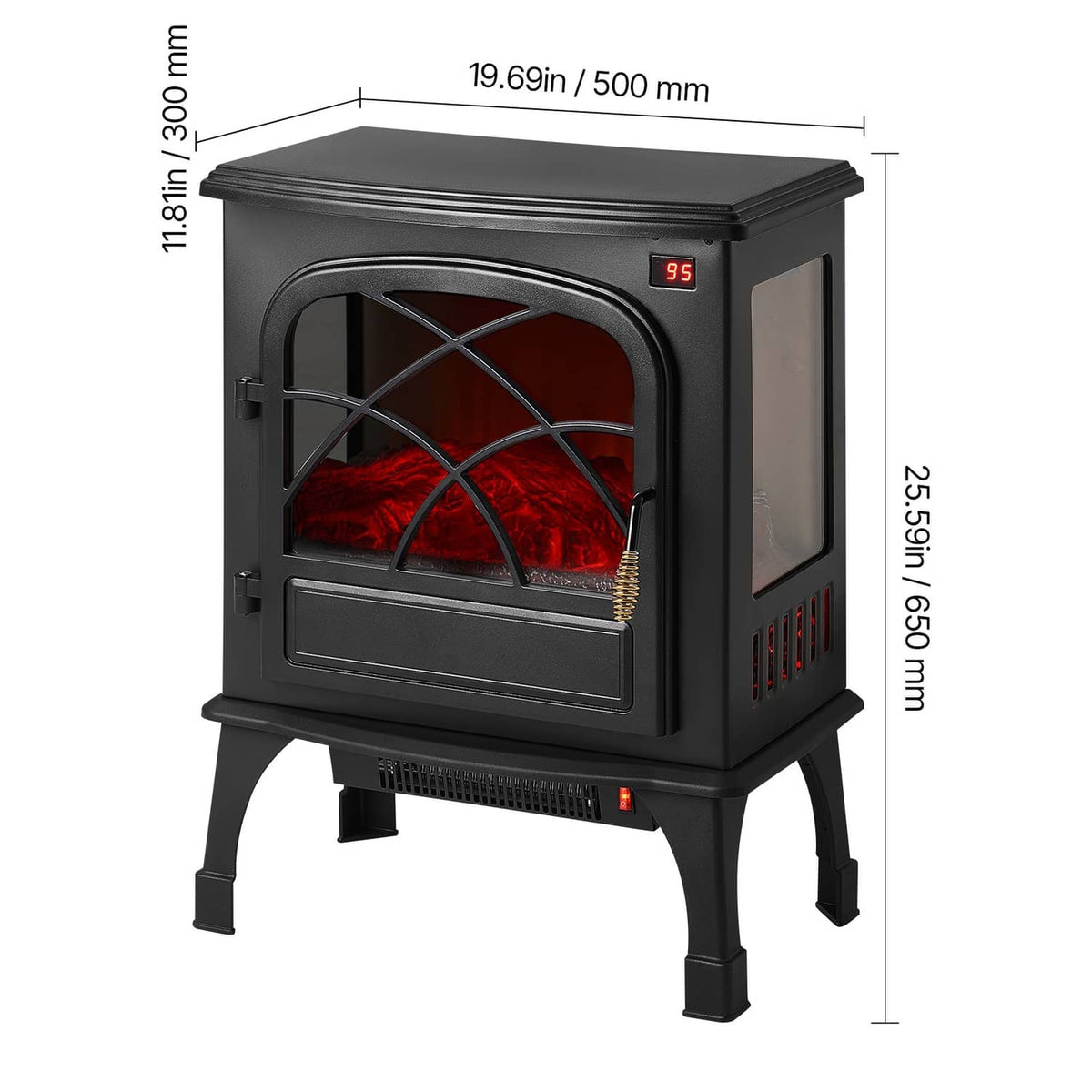 Black freestanding electric fireplace heater with side panel and arched glass front, red flames
