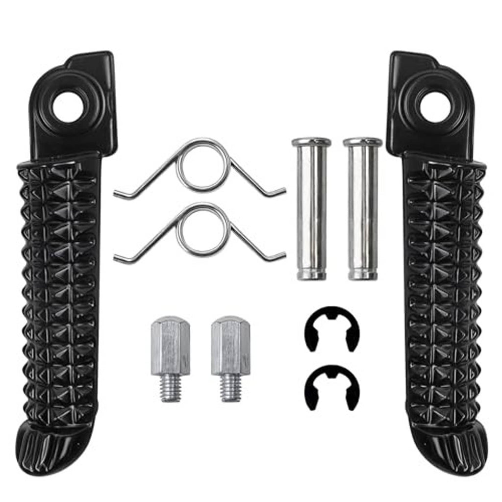 Set of two black textured foot pegs with screws, pins, and clips