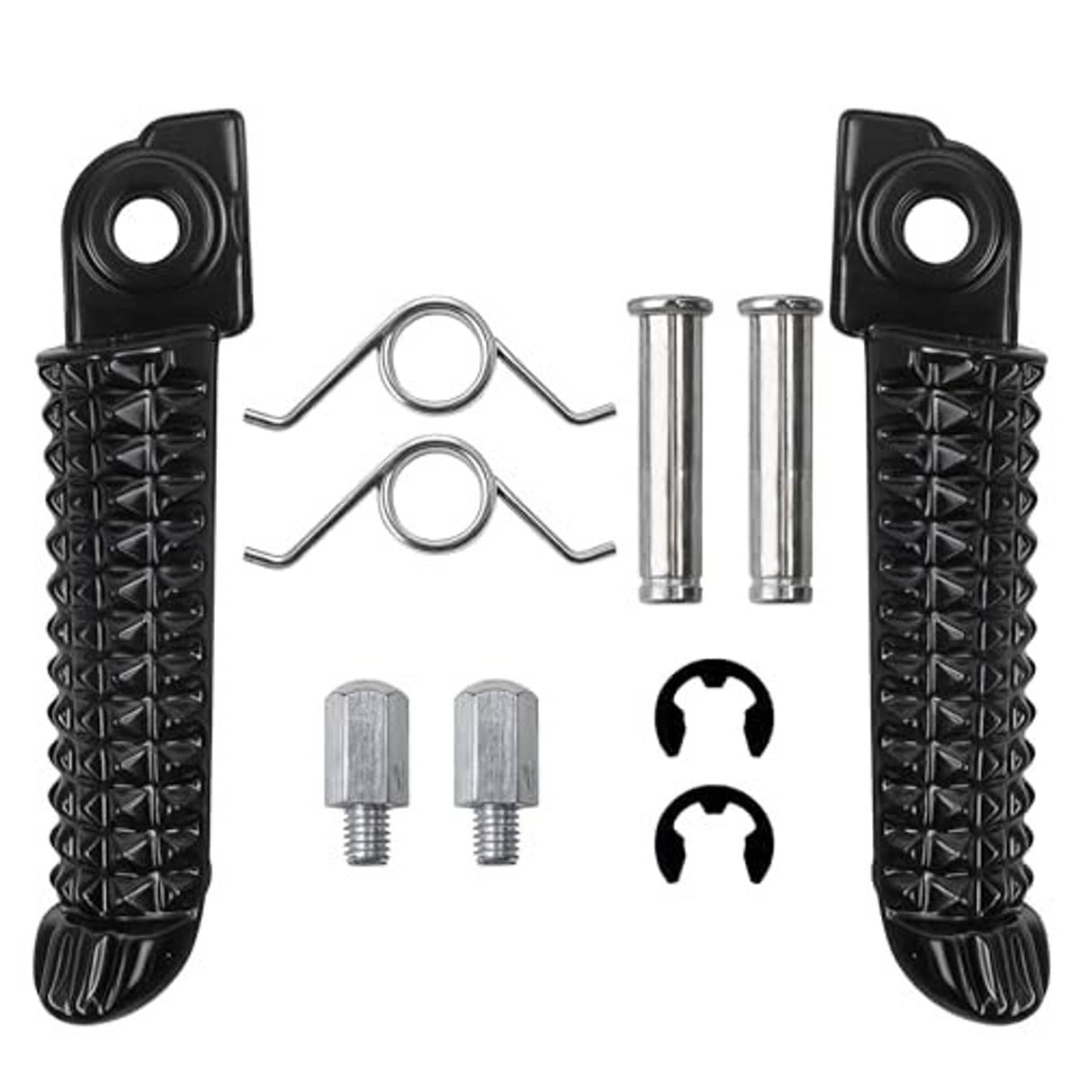 Set of two black textured foot pegs with screws, pins, and clips
