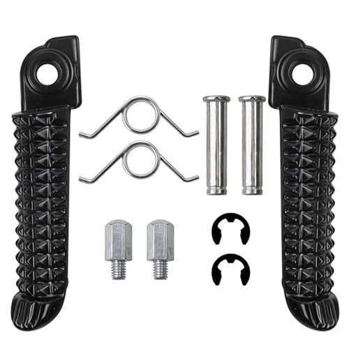 Set of two black textured foot pegs with screws, pins, and clips