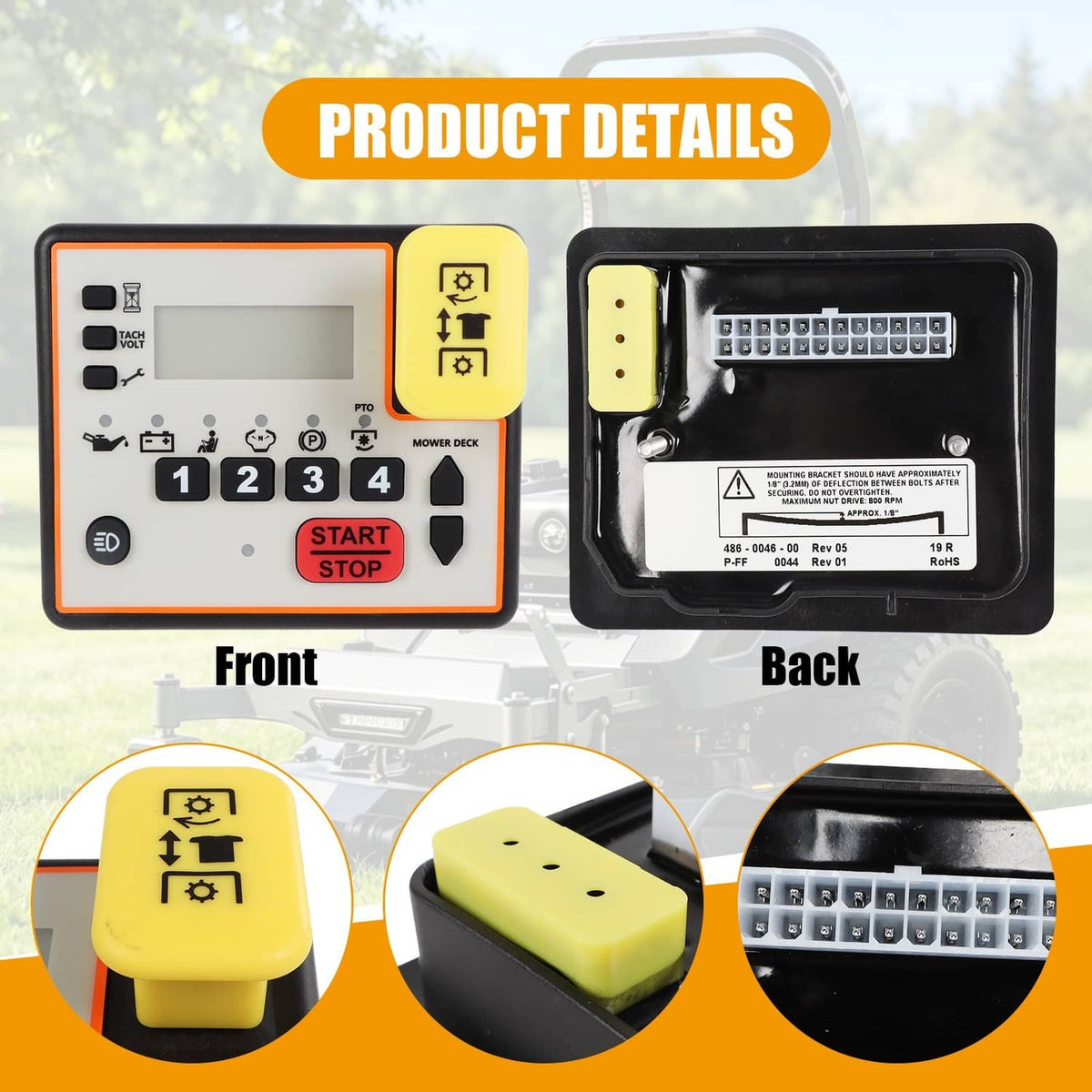 Mower control panel keypad front and back view with wiring connector and yellow switch