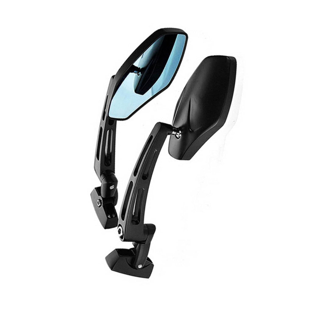 Motorcycle side rearview mirrors in black with blue-tinted glass and angled mounts