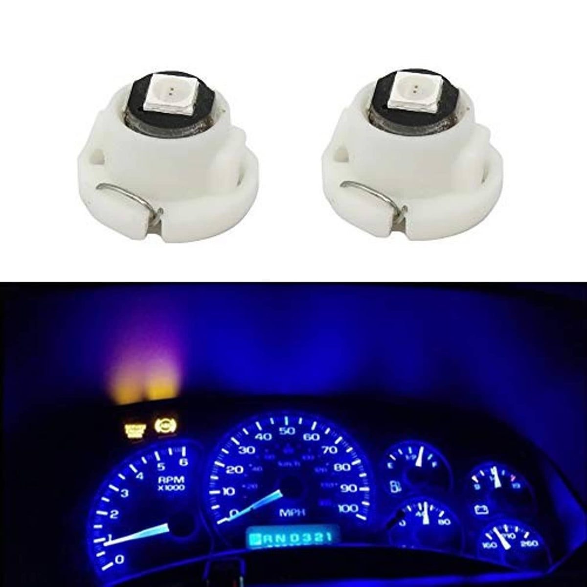 Blue T4.7 neo wedge LED bulbs with blue dashboard glow, white plastic bases