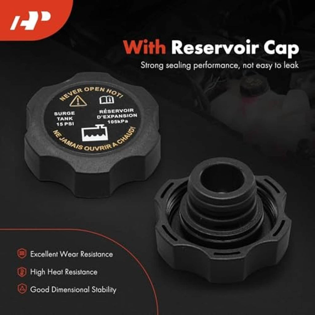 Coolant overflow reservoir cap and threaded neck on white tank with hose connection