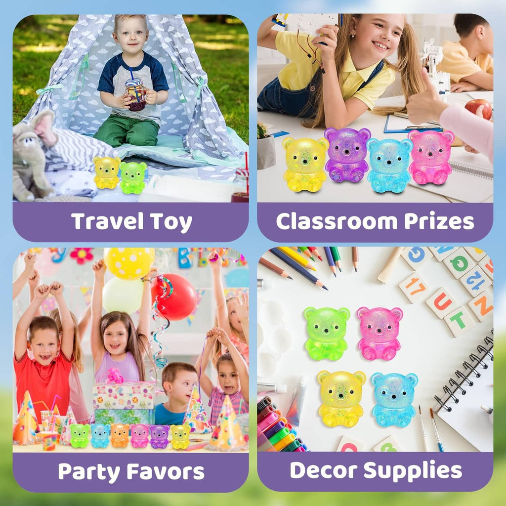 Assorted glitter bear stress balls for play, bright multi-color set