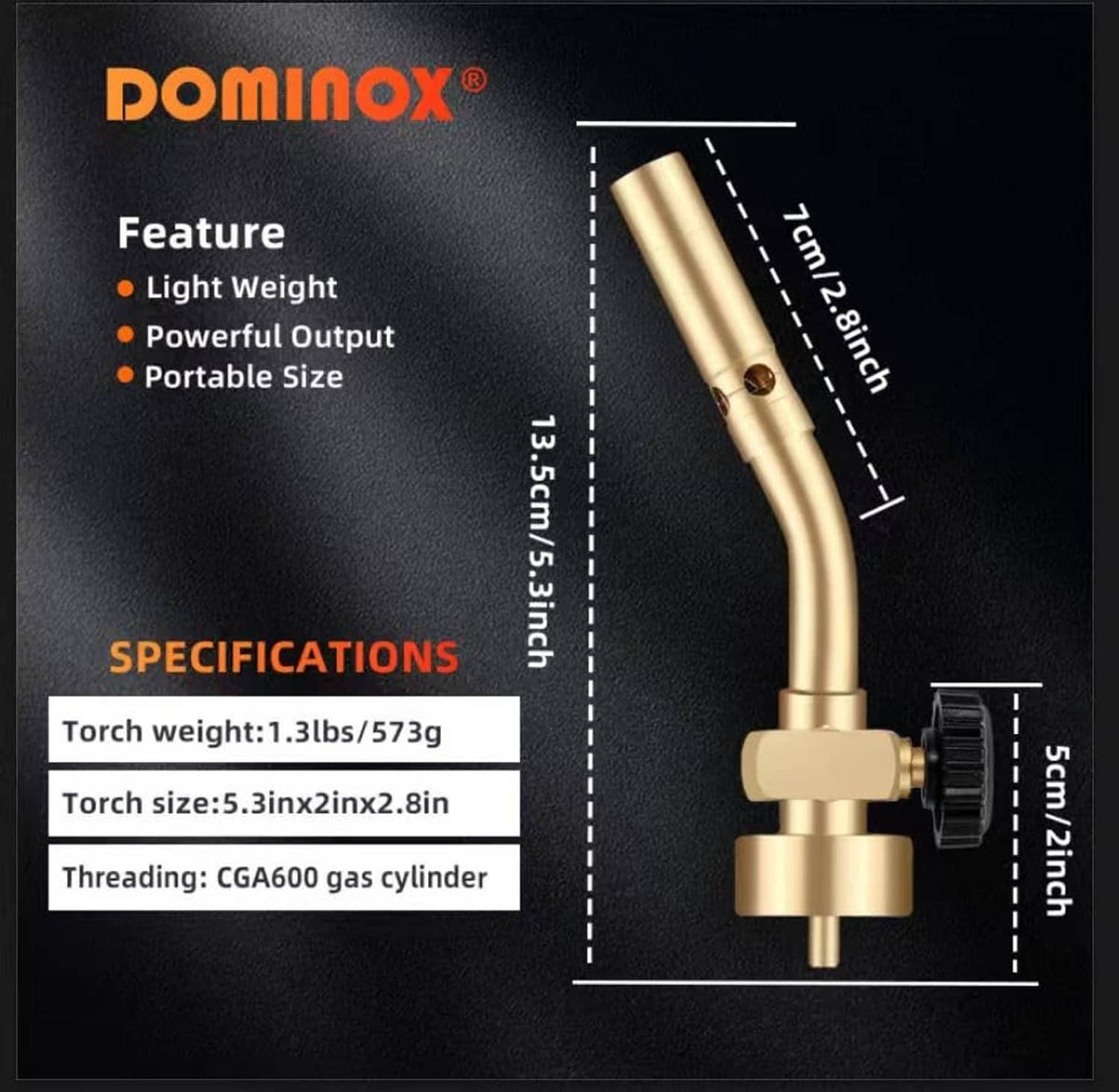 Solid brass propane torch head with curved neck and black control dial