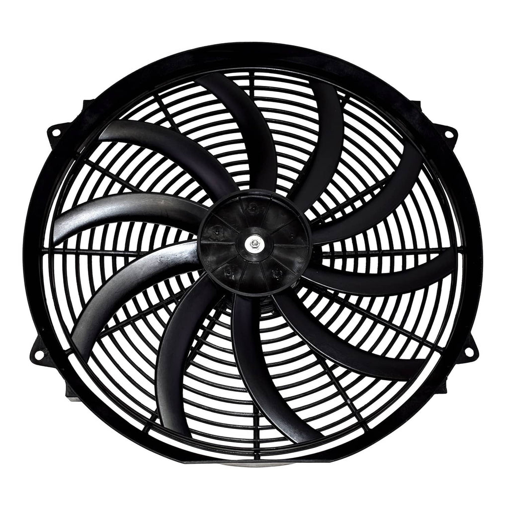 Black electric radiator fan with curved blade wheel and central motor hub