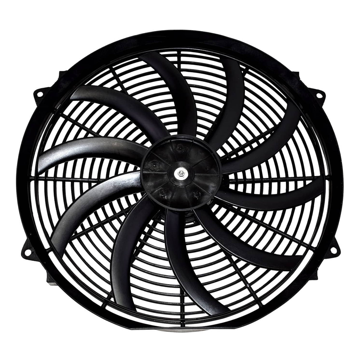 Black electric radiator fan with curved blade wheel and central motor hub