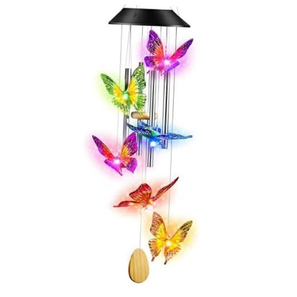 Solar LED wind chime with multicolor butterfly cutouts on aluminum tubes and wooden striker