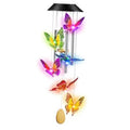 Solar LED wind chime with multicolor butterfly cutouts on aluminum tubes and wooden striker