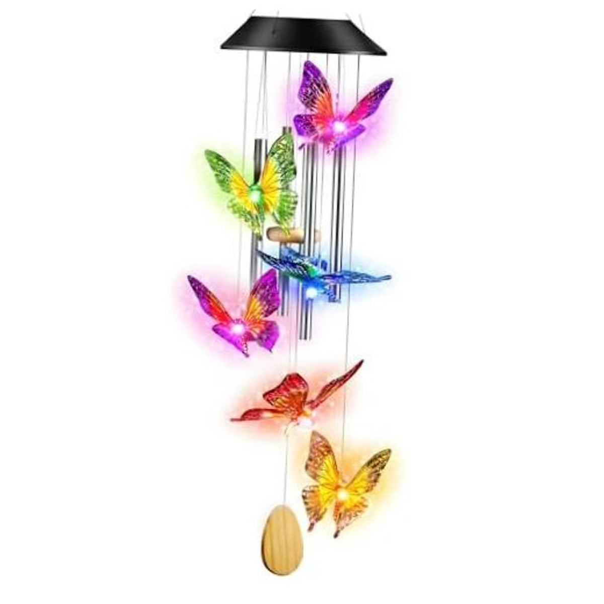 Solar LED wind chime with multicolor butterfly cutouts on aluminum tubes and wooden striker