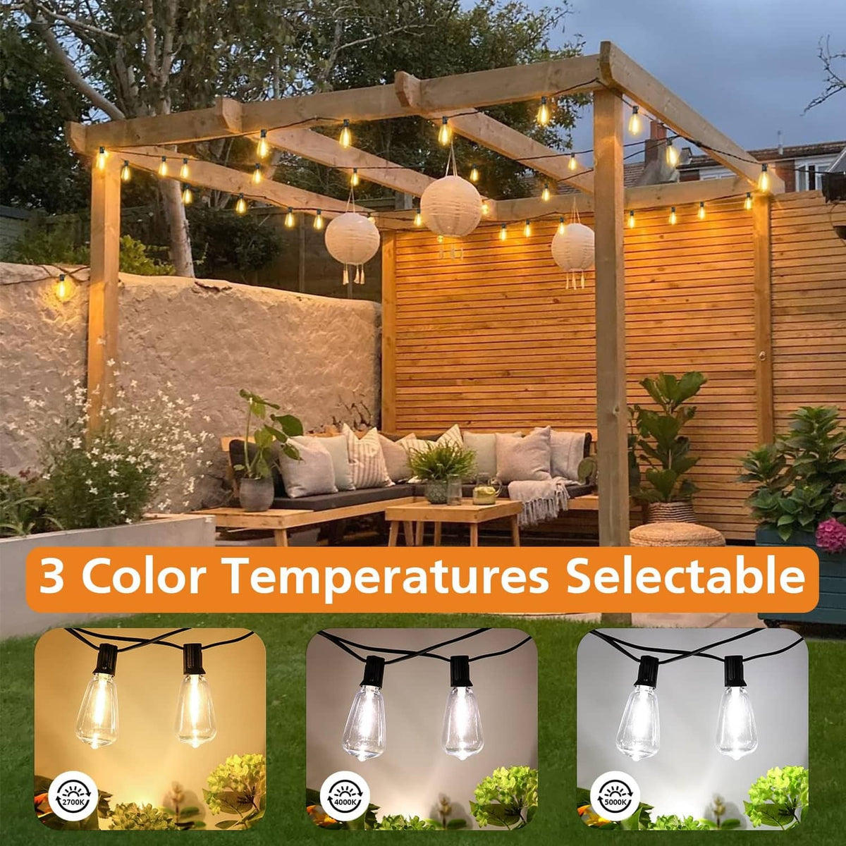 Outdoor string lights with clear bulbs on black wire, warm lighting with color options