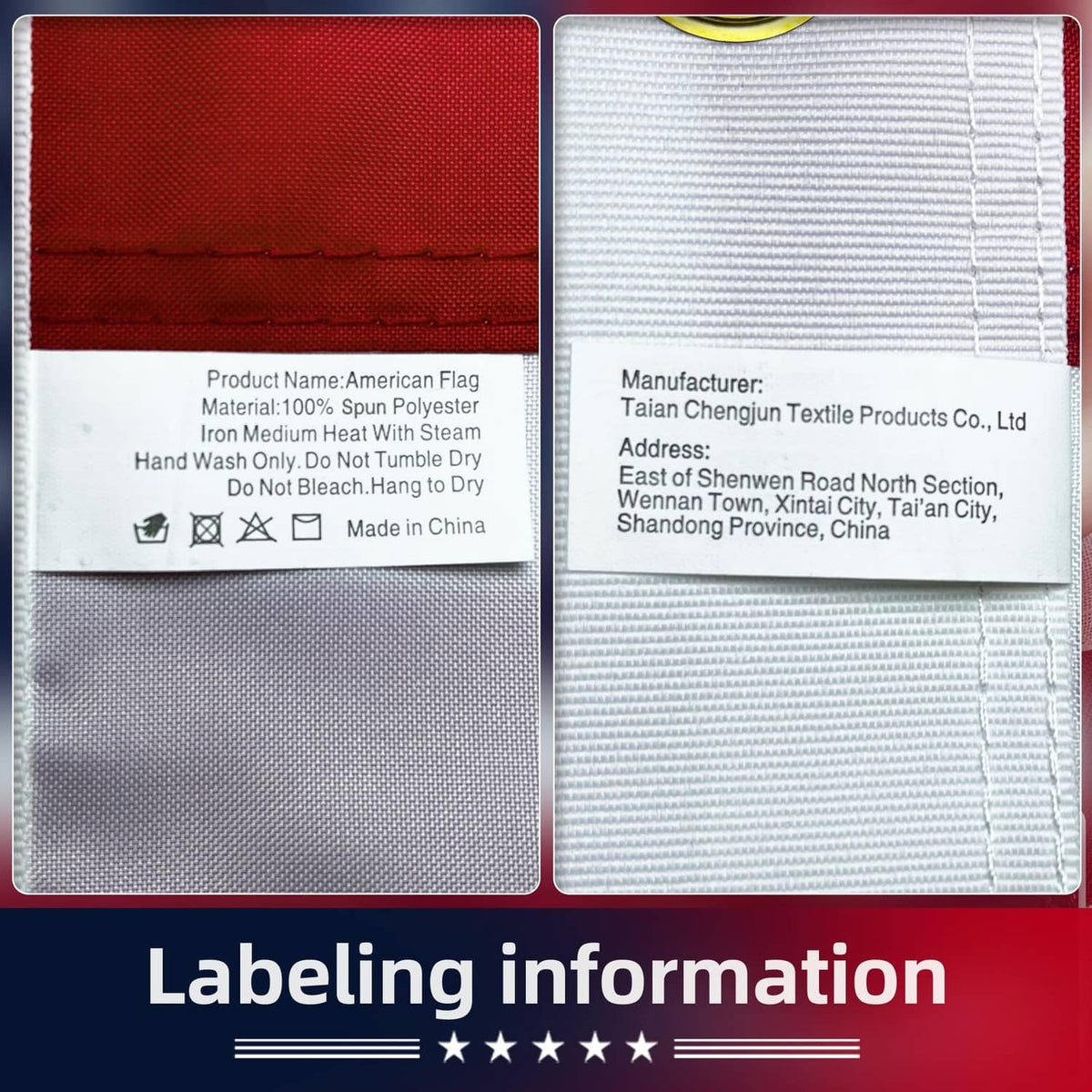 American flag label panels with care and manufacturing information
