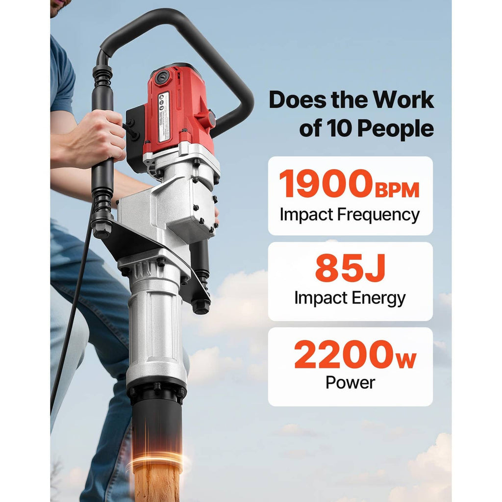 Handheld impact post driver with red motor housing and black handle frame