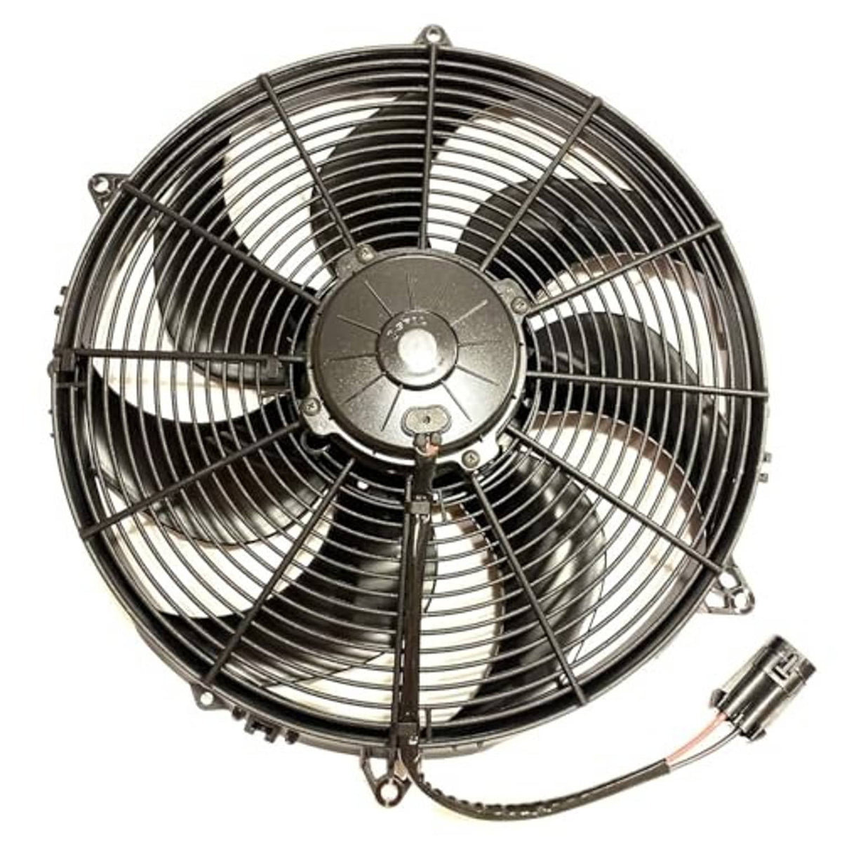 16-inch puller fan viewed from rear with wire safety grille and mounting screws