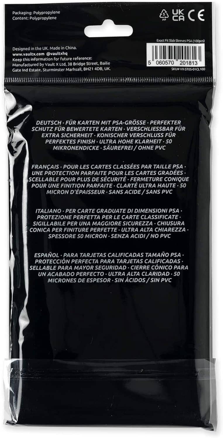 Black graded card slab sleeve pack with resealable hang tab, back product text