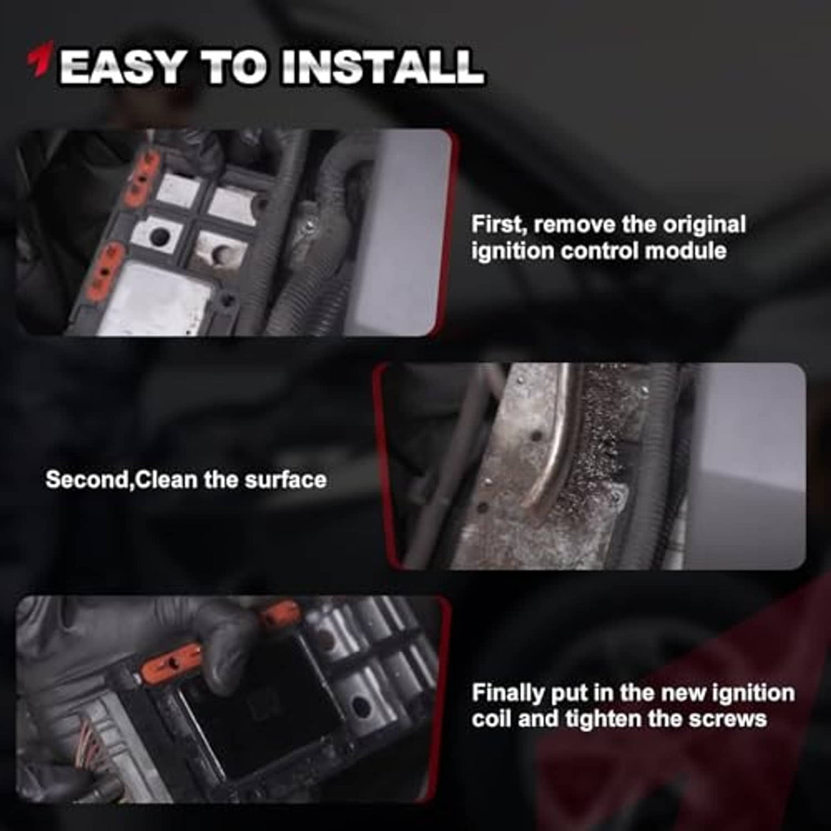 Ignition control module installation steps graphic with module and fasteners