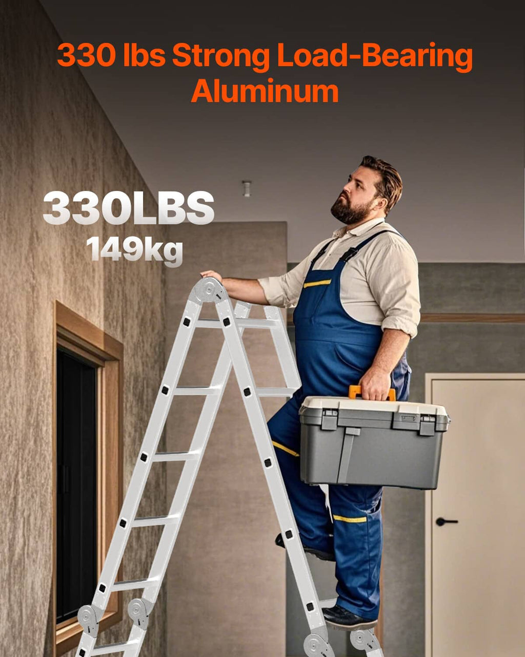 White folding ladder with three steps, used by a worker holding a tool
