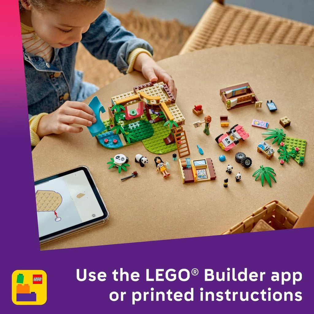 LEGO Friends panda sanctuary build with scattered bricks and instruction tablet