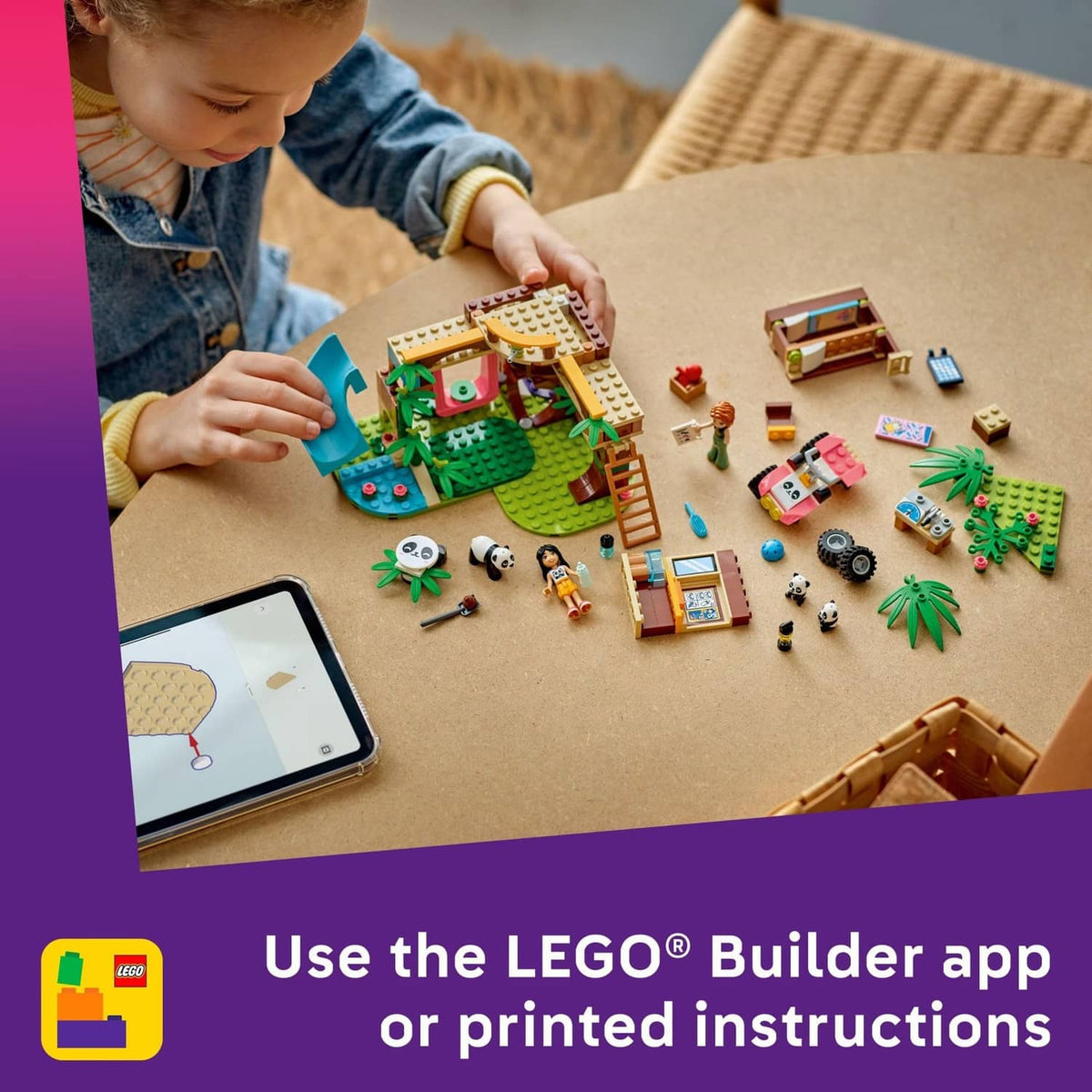 LEGO Friends panda sanctuary build with scattered bricks and instruction tablet