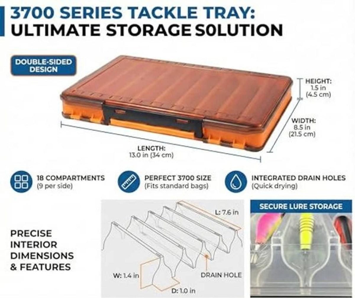 Orange double-sided fishing tackle tray diagram showing compartments and drain holes