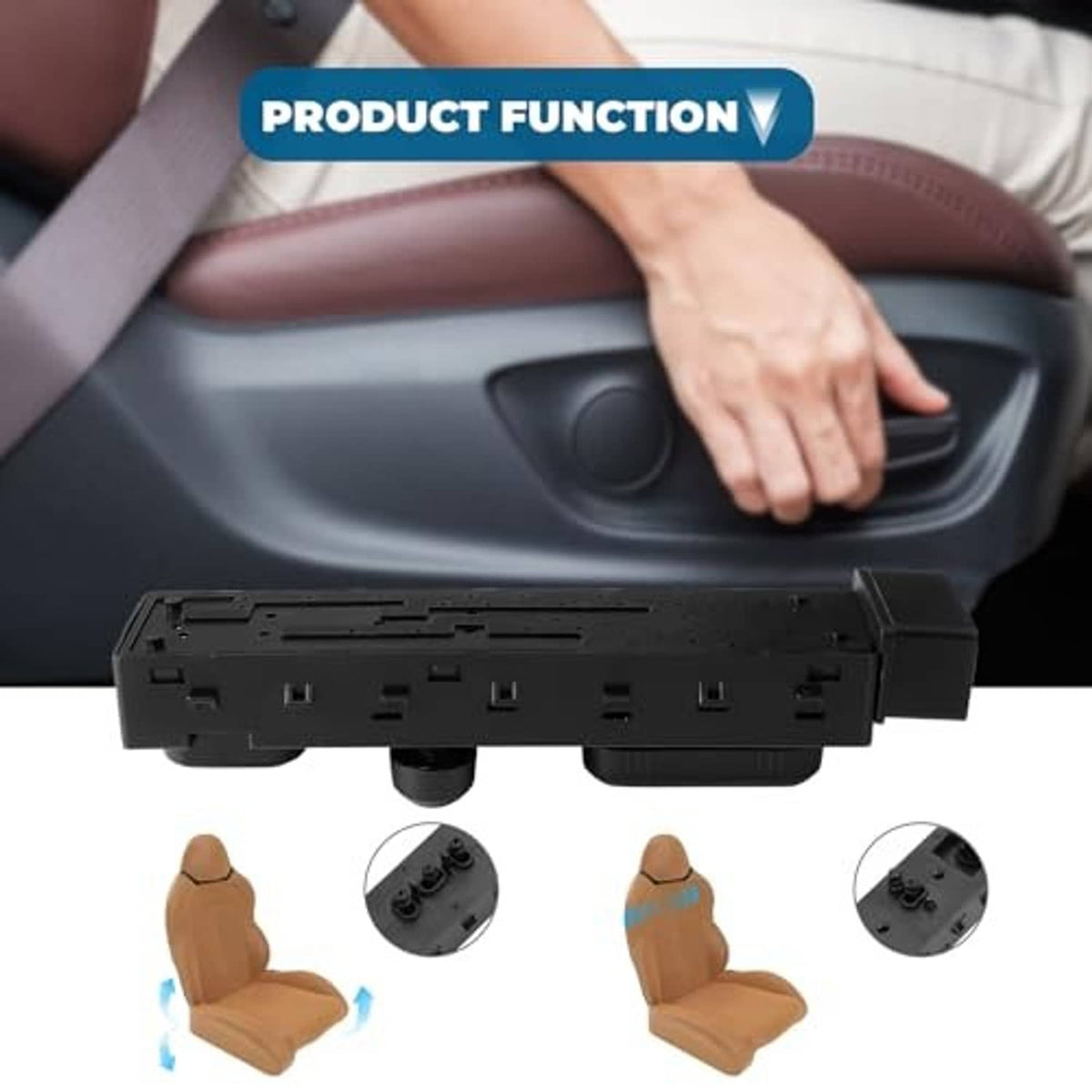 Power seat control switch module with front and rear adjustment controls, shown over seat
