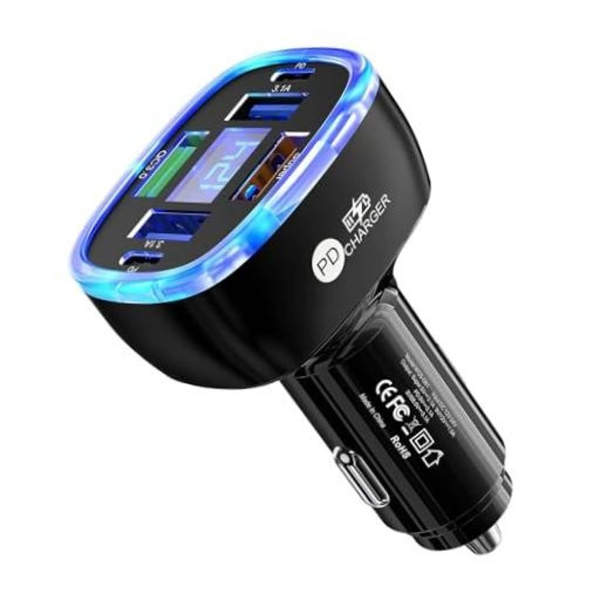 Black 6-in-1 car USB-C charger with blue LED ring and lit digital display