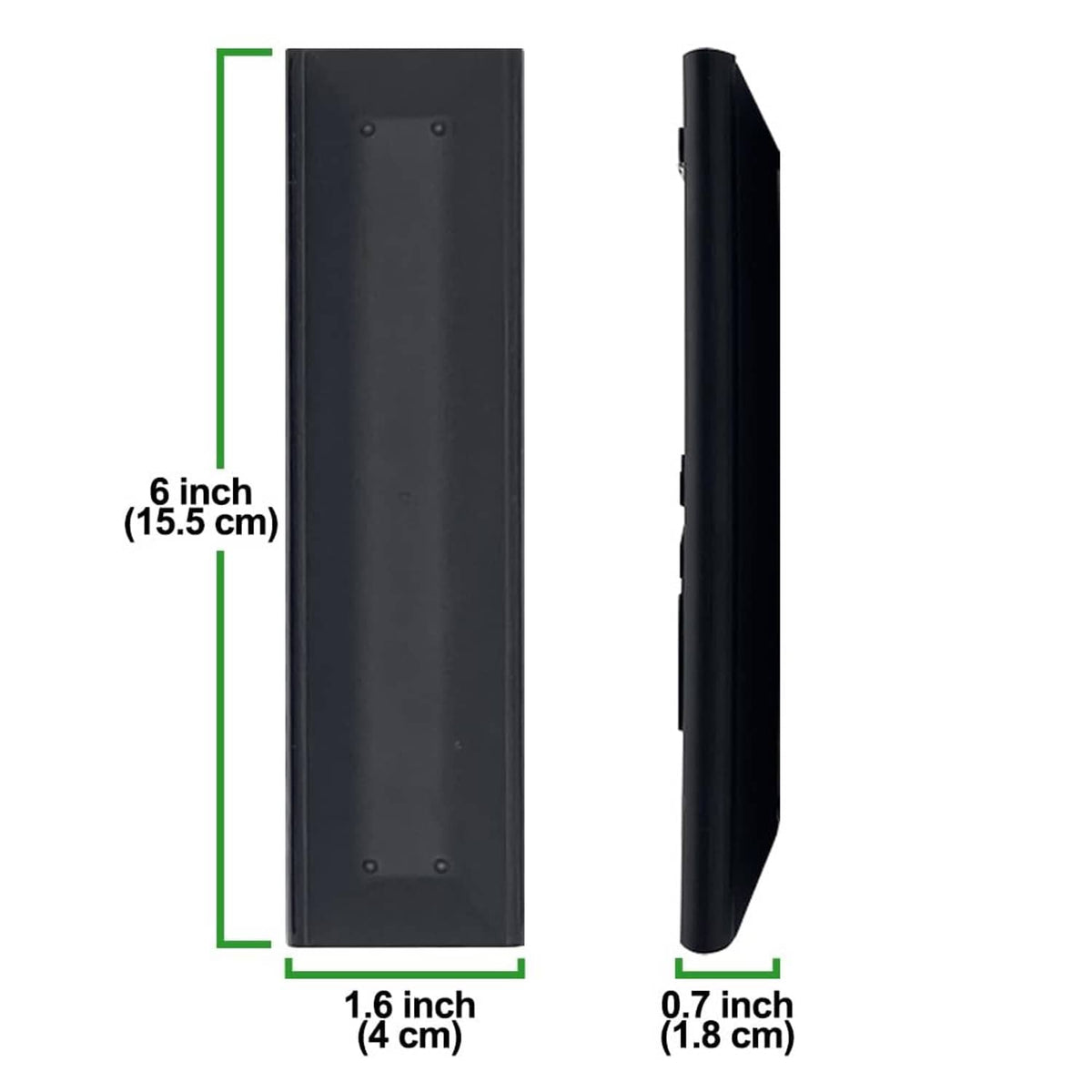 Black remote control front and side profiles with compact thickness measurements