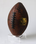 Clear acrylic football display stand with rectangular base and upright holder