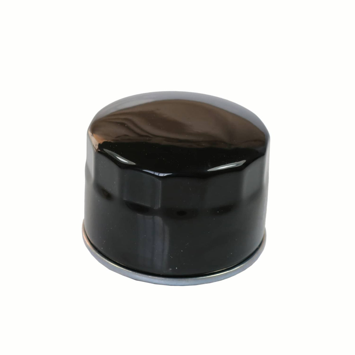 Black oil filter with silver bottom rim, top view