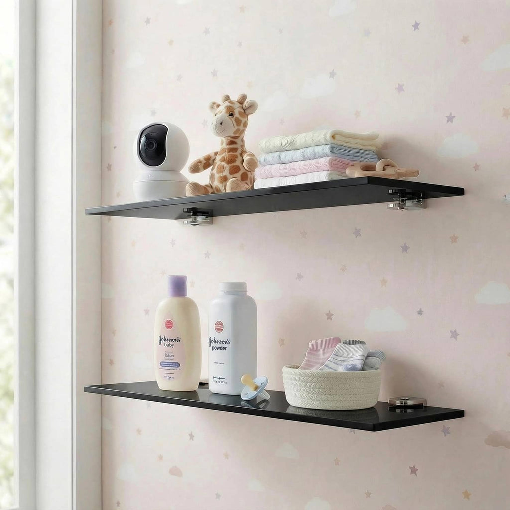 Black acrylic floating shelf set with two tiers and metal mounting brackets