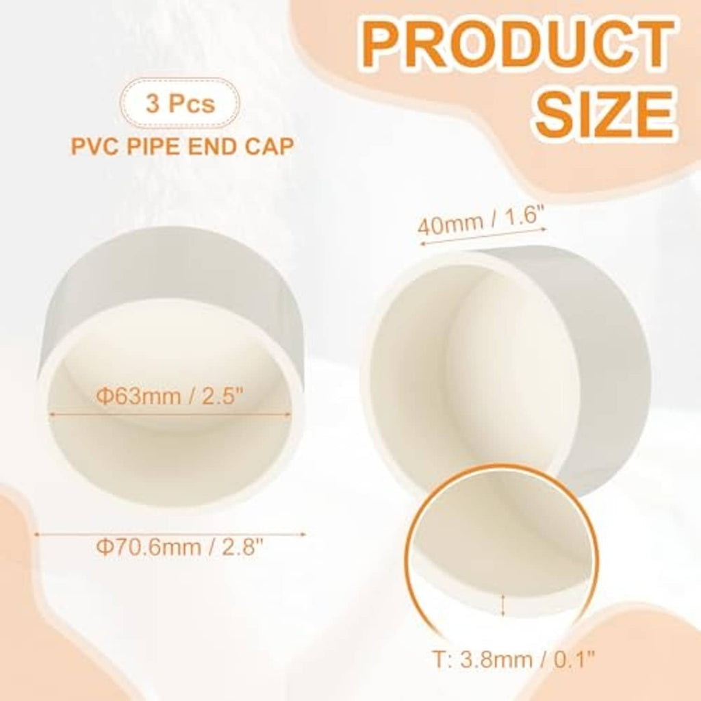 White PVC 2.5-inch pipe end caps with inside diameters shown for 3-pc set