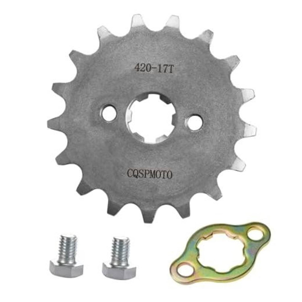 Steel motorcycle front engine sprocket with 17 teeth, center hub, two mounting holes