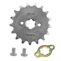 Steel motorcycle front engine sprocket with 17 teeth, center hub, two mounting holes