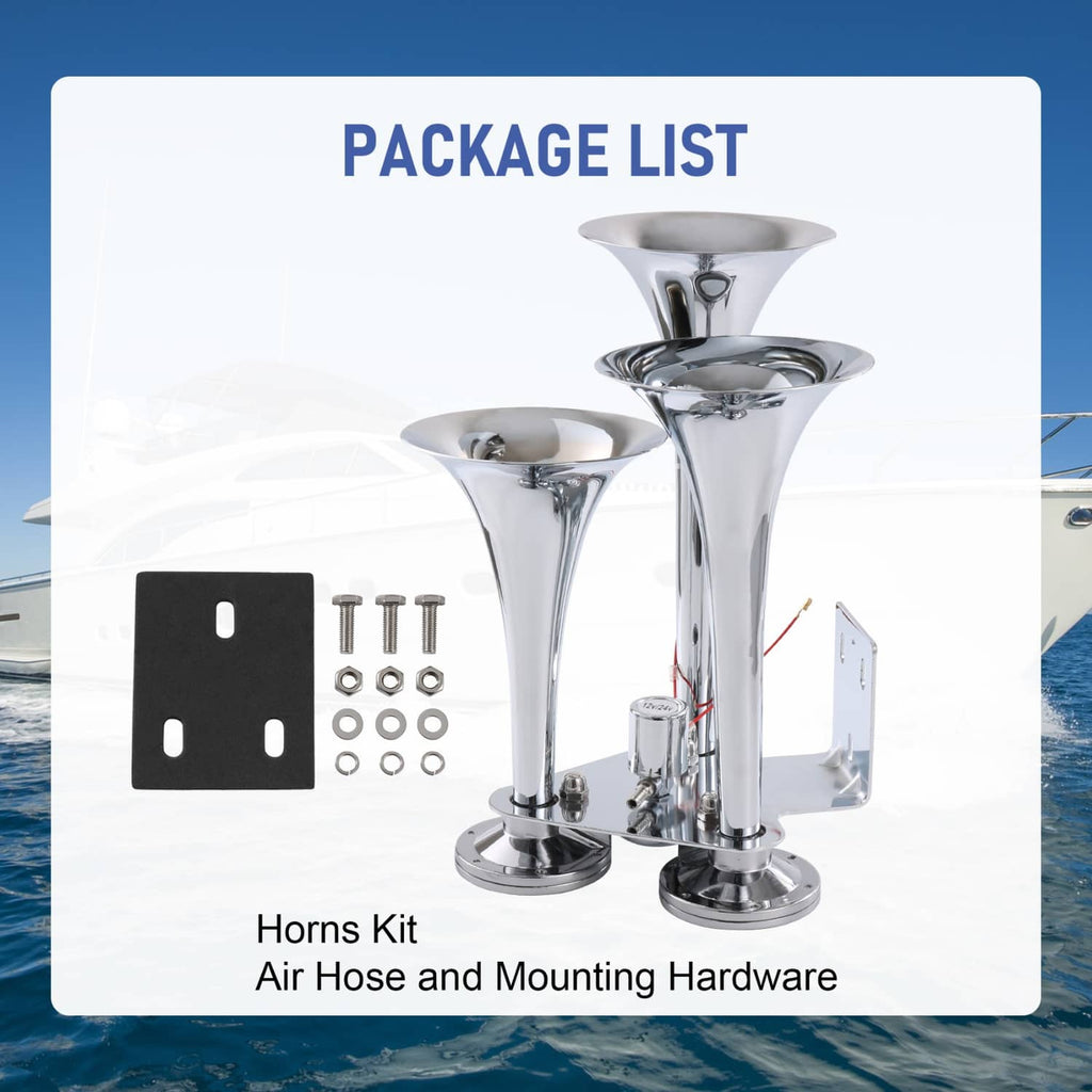 Triple trumpet air horn kit with mounting hardware, bracket, and horn horns