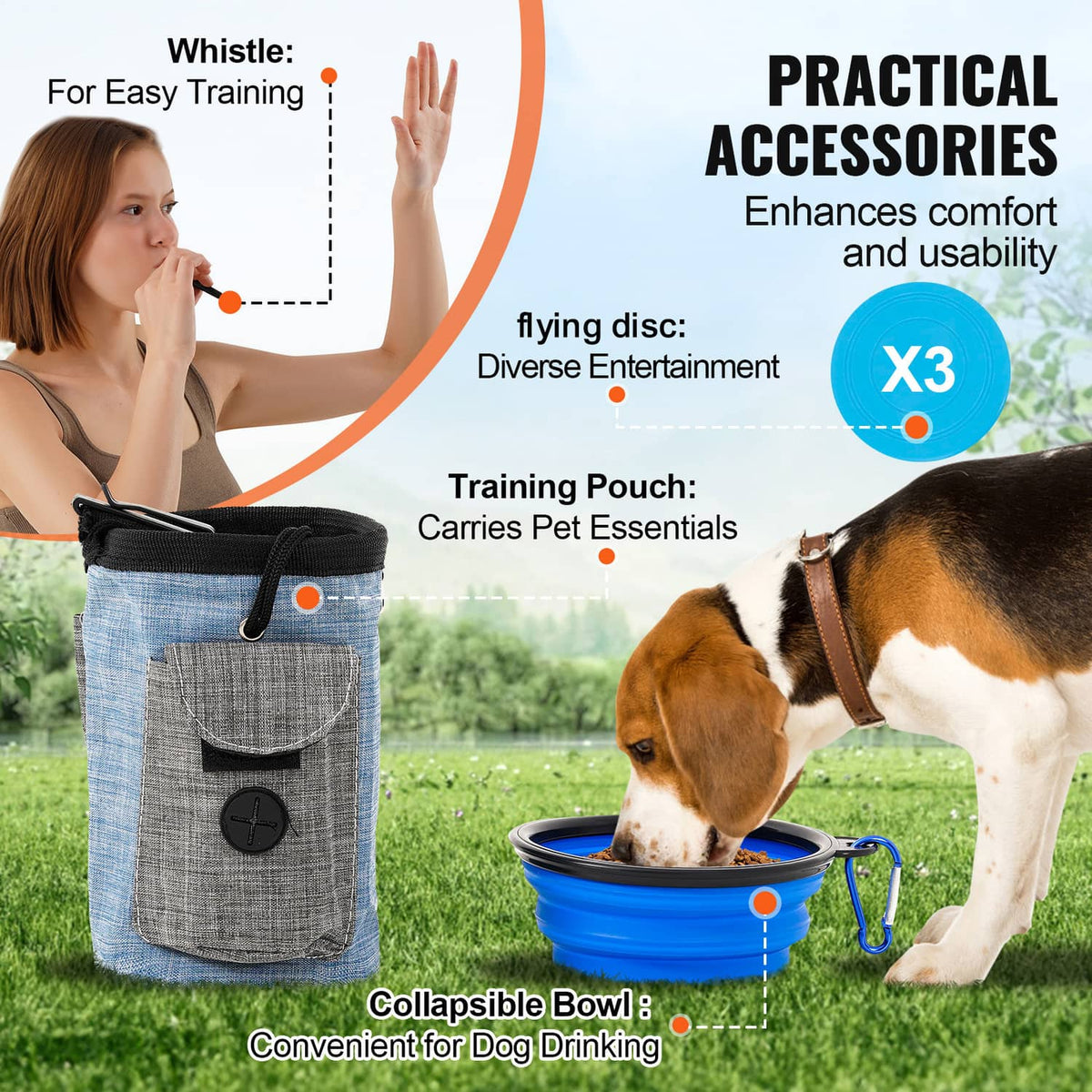 Agility training accessories set: feeding pouch, collapsible bowl, and flying disc