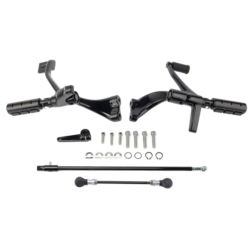 Pair of black rider foot controls levers with hardware and pushrod bar