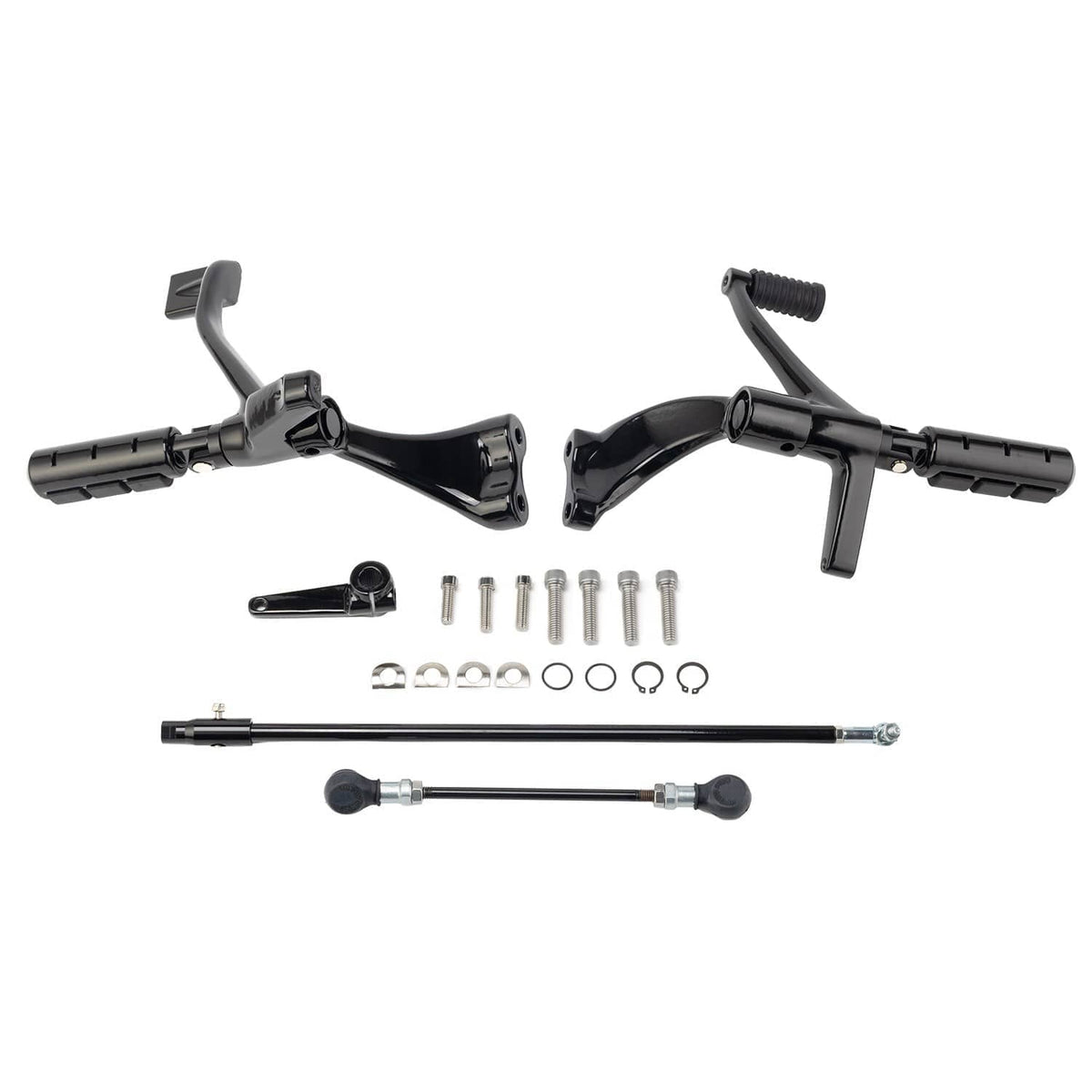 Pair of black rider foot controls levers with hardware and pushrod bar