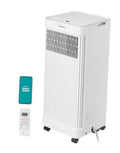 White Midea portable air conditioner with front grille and top control panel on wheels