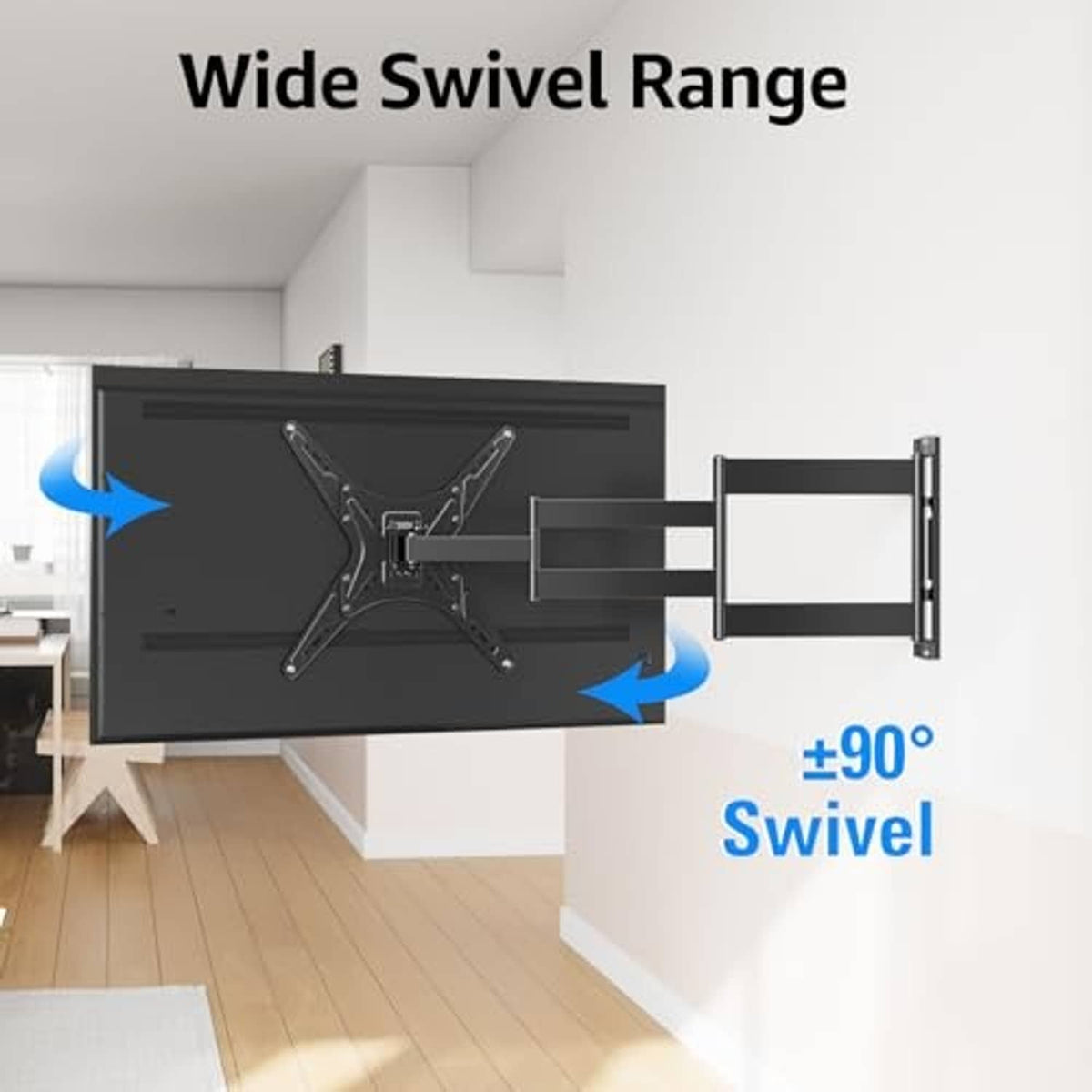 Long-arm TV wall mount with wide swivel range and wall plate connection
