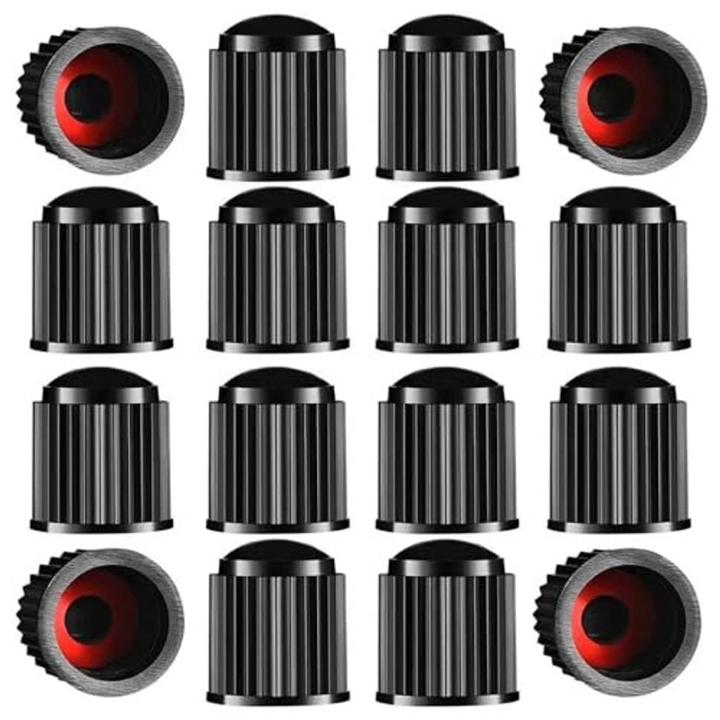 Black tire valve stem caps set with red rubber sealing ring, 24-pack, multiple shown