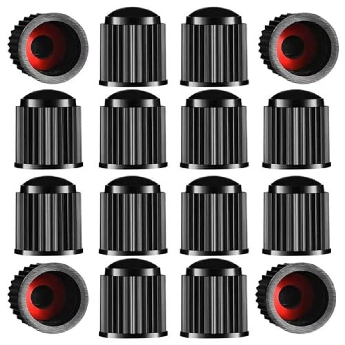 Black tire valve stem caps set with red rubber sealing ring, 24-pack, multiple shown