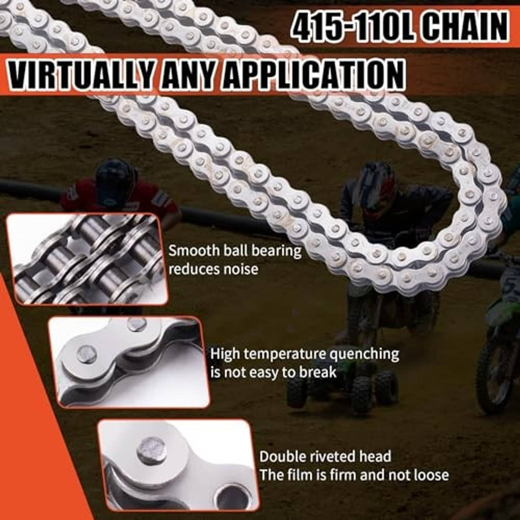 Silver roller drive chain with visible link pattern and chain breaker feature details