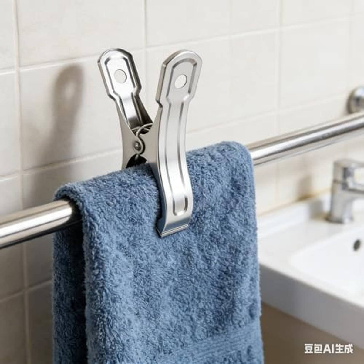 Stainless steel clamp holding a blue towel on a bathroom rail