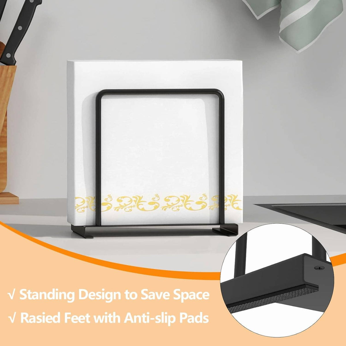 White ribbed napkin holder with black U-shaped frame and raised anti-slip feet