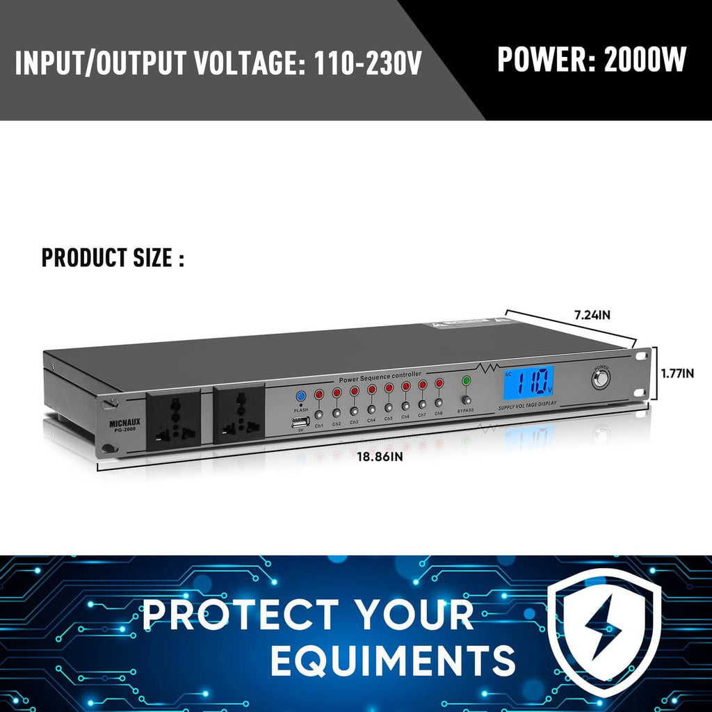 Grey rack-mount power conditioner with front voltage display and outlet controls
