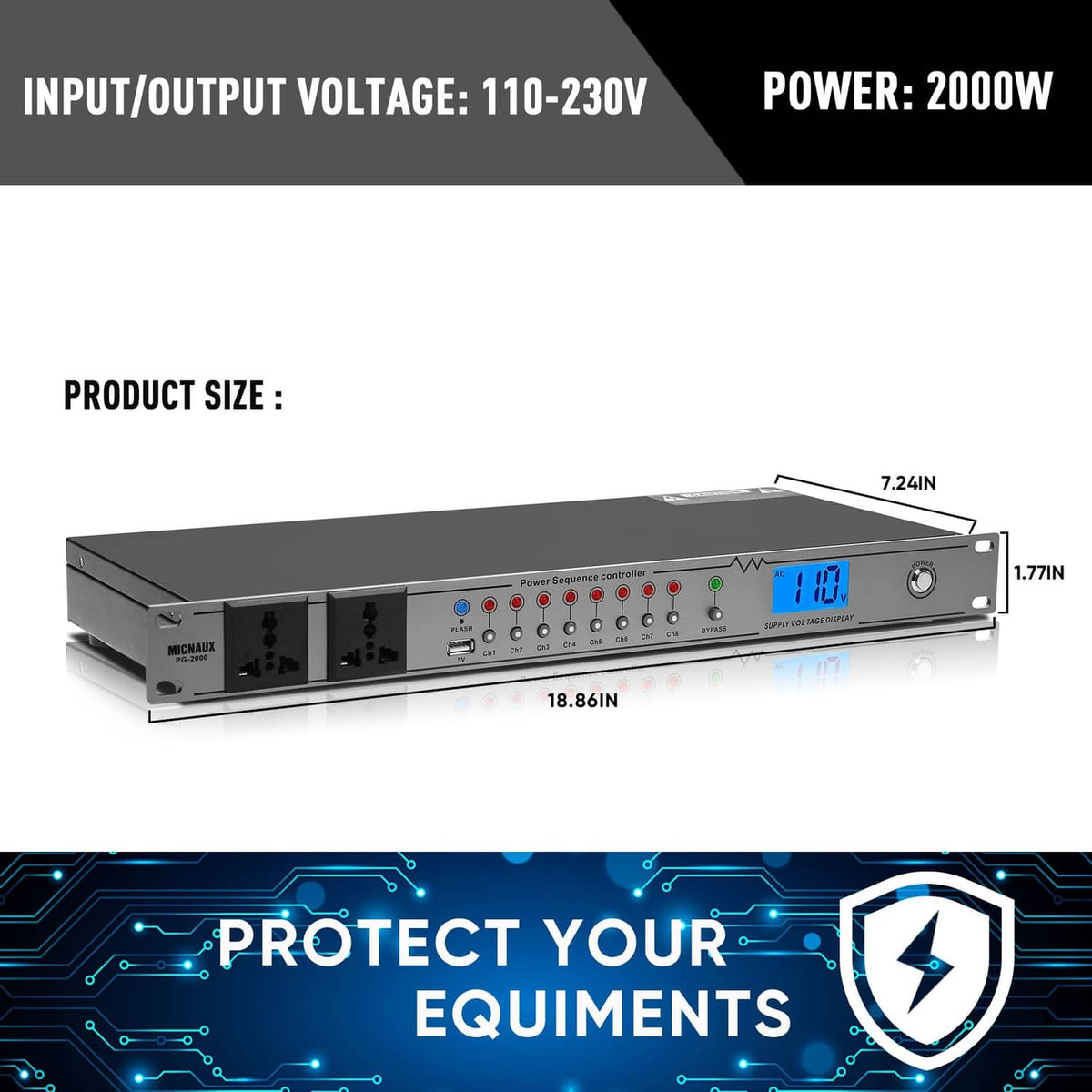 Grey rack-mount power conditioner with front voltage display and outlet controls