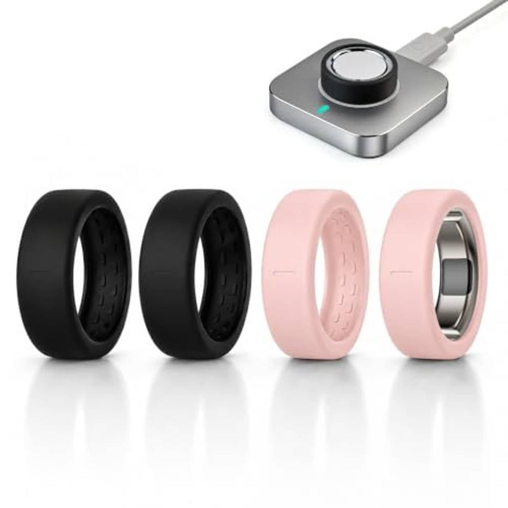 Four ring protectors shown: two black and two pink silicone covers with raised interior grip.
