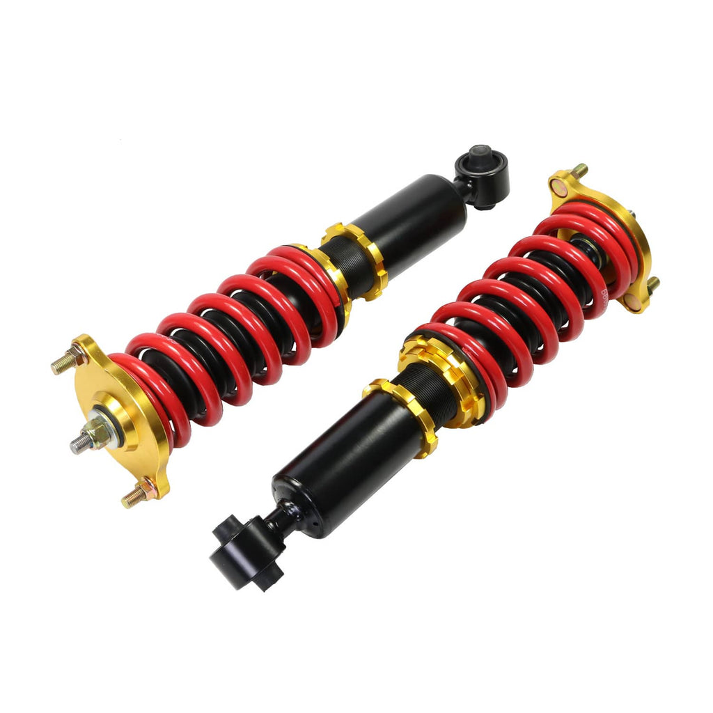 Pair of adjustable coilovers with red spring coils, black dampers, gold mounting plates