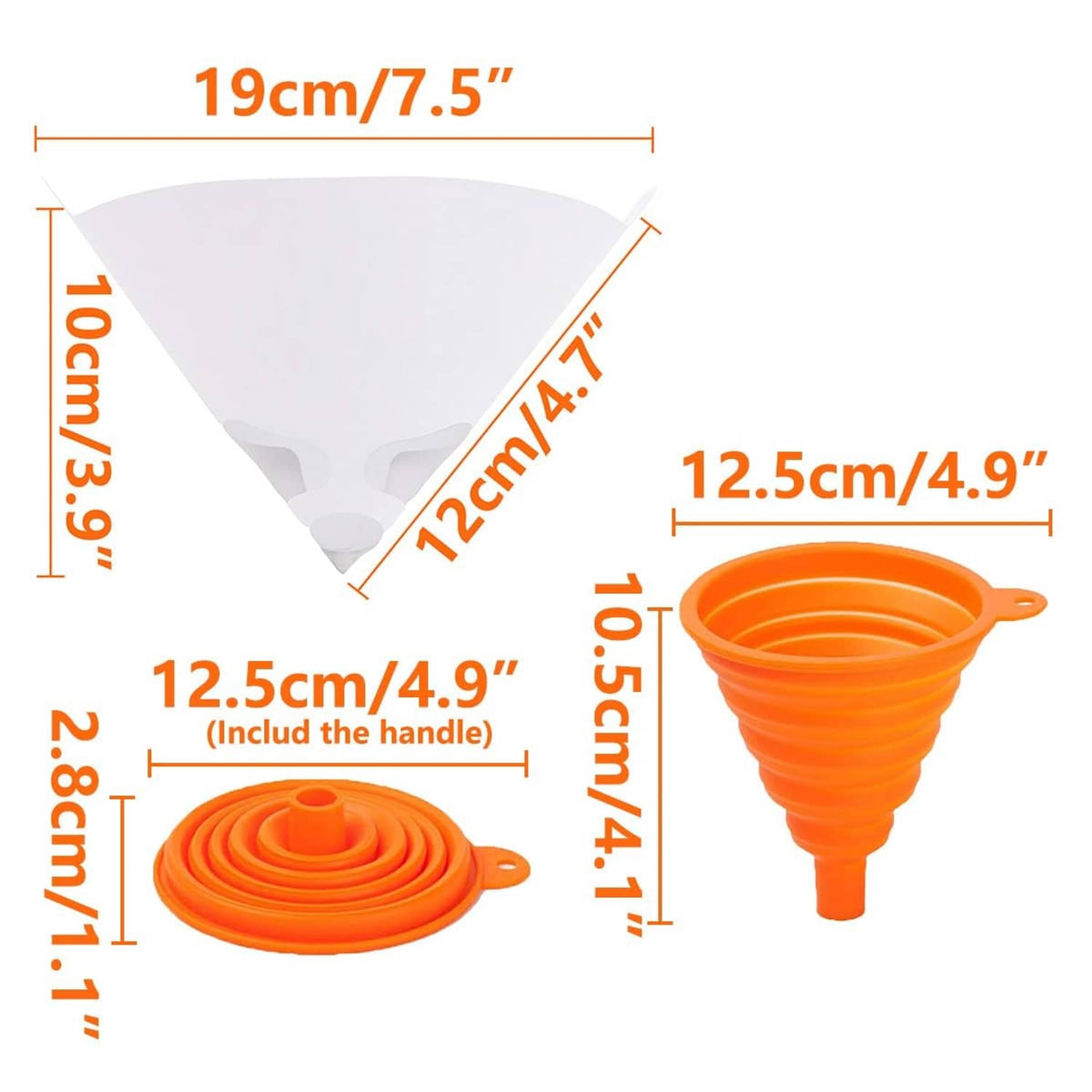 White paper paint strainer cone and orange silicone funnel, with size labels